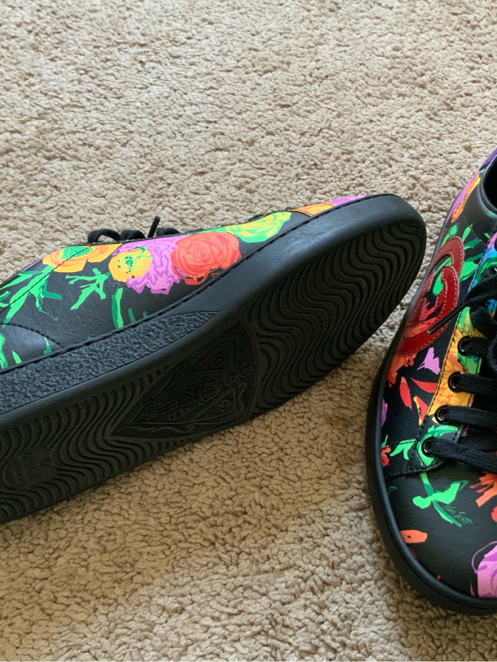 Gucci X Ken Scott Ace Women’s Black Casual Floral Logo Leather Sneakers Size 37 - Picture 10 of 13